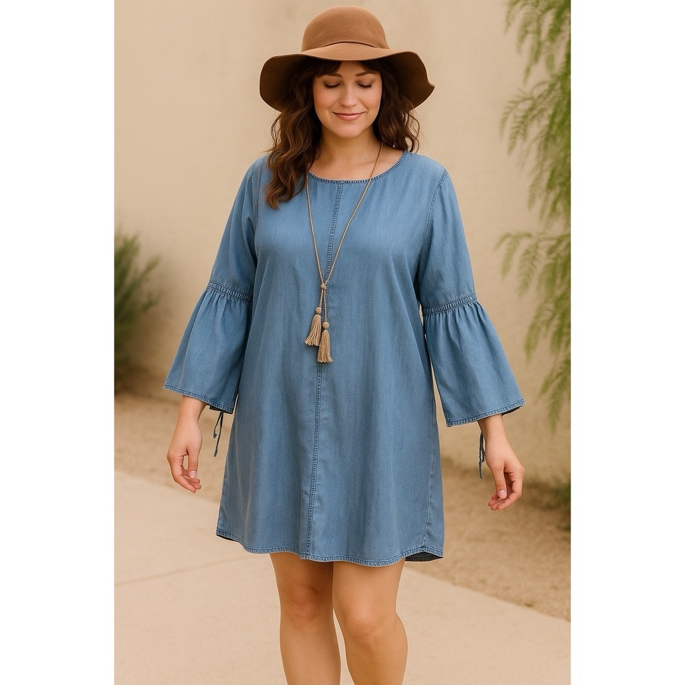 Spense Women's Blue Chambray Shift Dress Bell Sleeve Tie Back Size 14 Casual